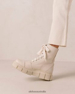 Alohas Women Can Can - Beige Leather Combat Boots Ivory 60BH4660 Alohas Handbags