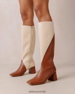 Alohas Women Chalk - White and Brown Vegan Leather Boots Gingerbread Brown Warm White 60BH46104 Alohas Sandals Australia