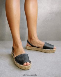 Alohas Women Ibizas - Black Leather Espadrilles Black 60BH46409 Alohas Australia