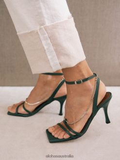 Alohas Women Straps Chain - Green Leather Sandals Forest Green 60BH46215 Alohas Sandals Australia