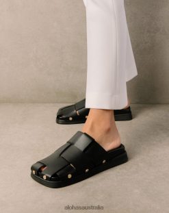 Alohas Women Stuart - Black Leather Mules Black 60BH46529 Alohas Australia