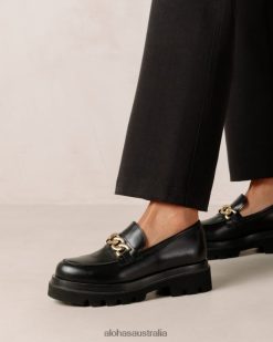 Alohas Women Track - Black Leather Loafers Chain Black 60BH46412 Alohas Australia