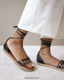 Alohas Women Wanderer - Black Leather Espadrilles Black 60BH46506 Alohas Sandals Australia