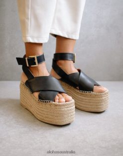 Alohas Women Willow - Black Leather Espadrilles Black 60BH46507 Alohas Handbags