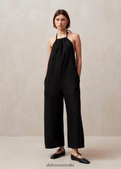 Alohas Women Yona - Black Linen Jumpsuit Black 60BH46604 Alohas Australia